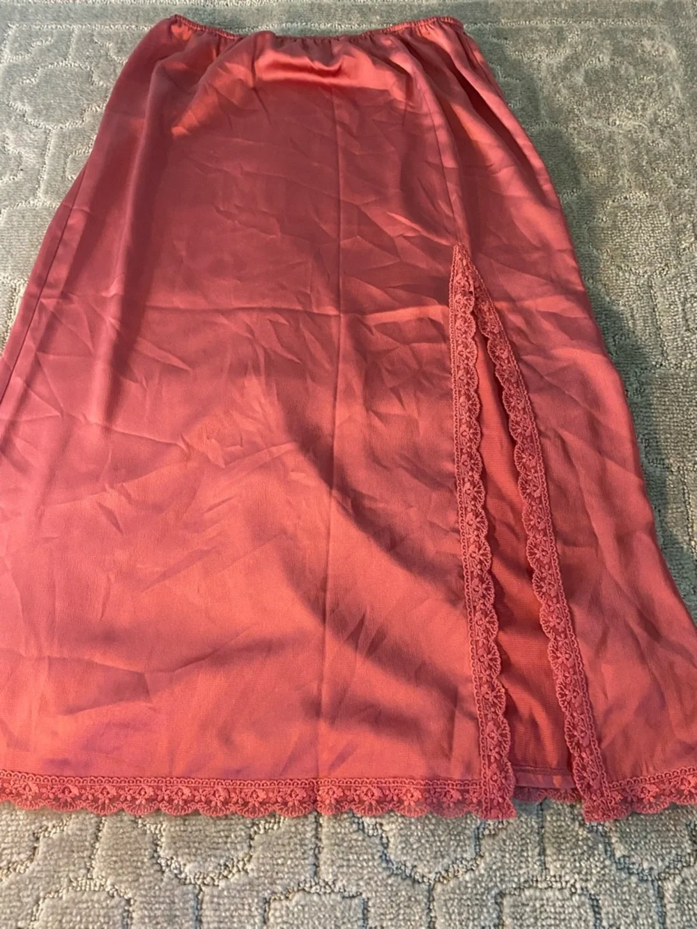 Francesca’s Mi Ami Satin Lace Trim Midi Skirt M Pink Side Slit Slip Coquette - Picture 2 of 5